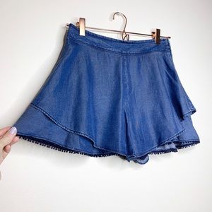 Zara Chambray Mini Pom-Pom High Waisted Shorts